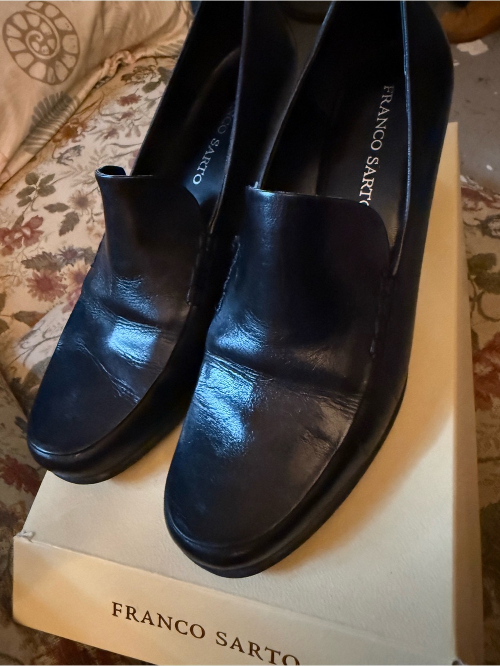 Franco Sarto Black Leather Slip-On Loafers — Smooth Upper